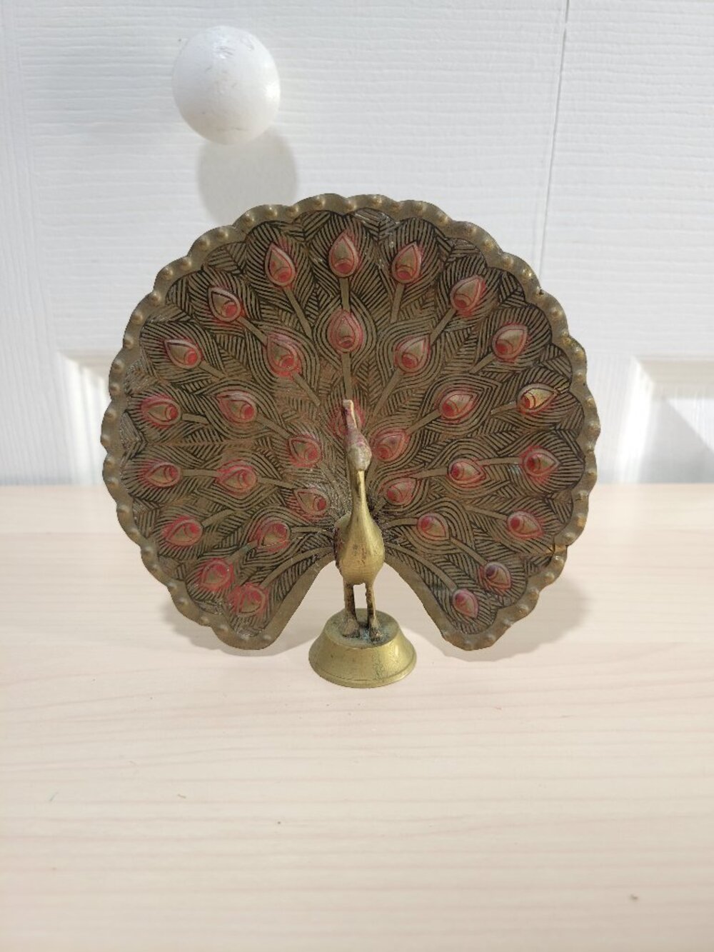Vintage Indian Etched & Painted Ornate Metalwork Brass Fan-Tail Peacock Figurine